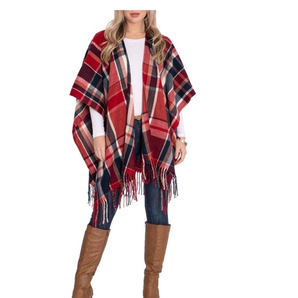 Woolrich Womens One Size Red Plaid Fringe Wrap Cape Pashmina 46x65 - Picture 1 of 6
